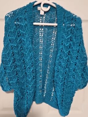 Christopher & Banks Teal Open-Front Crochet Shrug